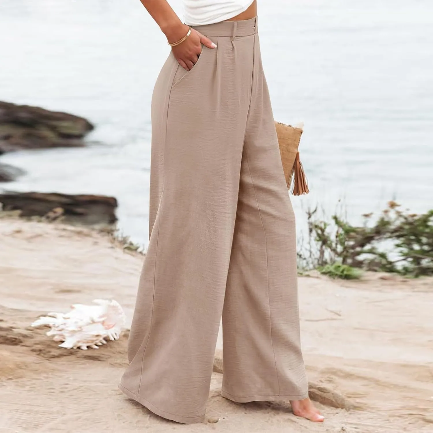 Wide Leg Pants Woman Summer High Waisted Dress Pants Trousers Lightweight Comfy Elastic Waist Pants with Pockets