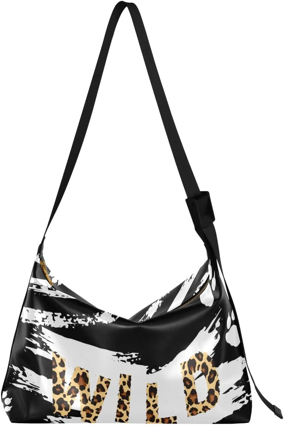 Wild Life Hobo Crossbody Bags for Women Leather Large Shoulder Bag Cross Body Leopard Skin Paw Trendy Womens Tote Bags Handbag for Travel Shopping
