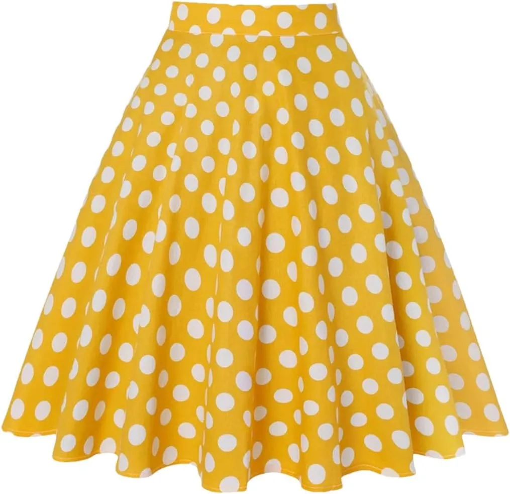 Woman Polka Dot Tunic Skirt High Waist Pleated Midi Skirt Summer Swing Holiday Umbrella Skirt