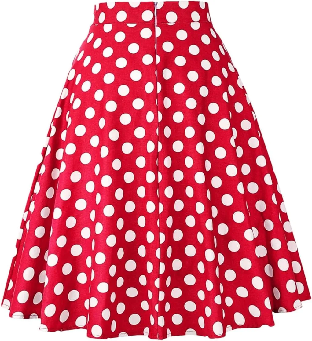 Woman Polka Dot Tunic Skirt High Waist Pleated Midi Skirt Summer Swing Holiday Umbrella Skirt