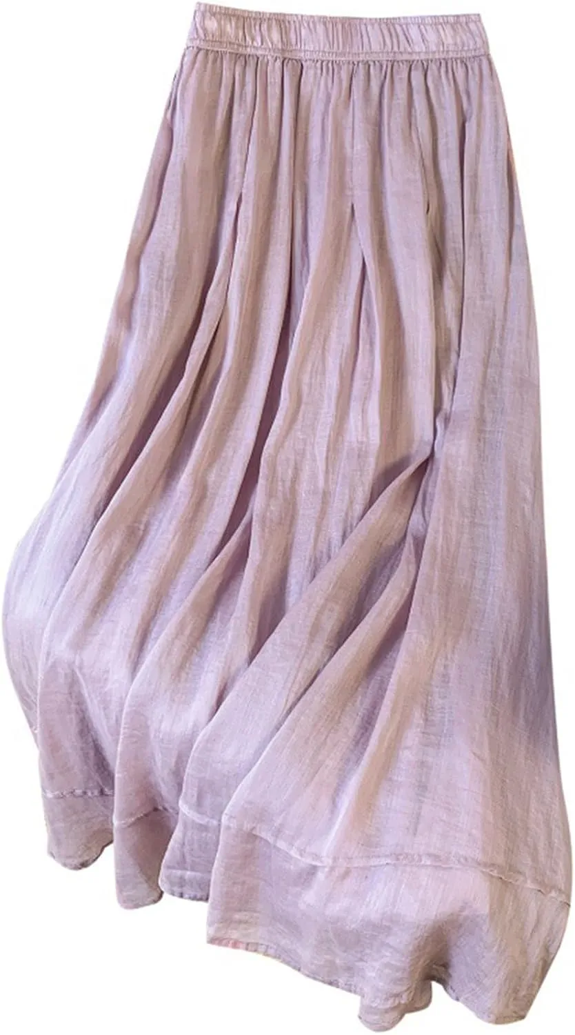 Women Bohemian Beach Linen Dress Elastic High Waist Long Maxi Skirt Lightweight Flowy Pleated Ankle Skirts