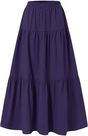 Women Boho Elastic Waist A Line Ruffle Beach Convertible Maxi Skirt Dress Tired Pleated Drawstring Long Skirts