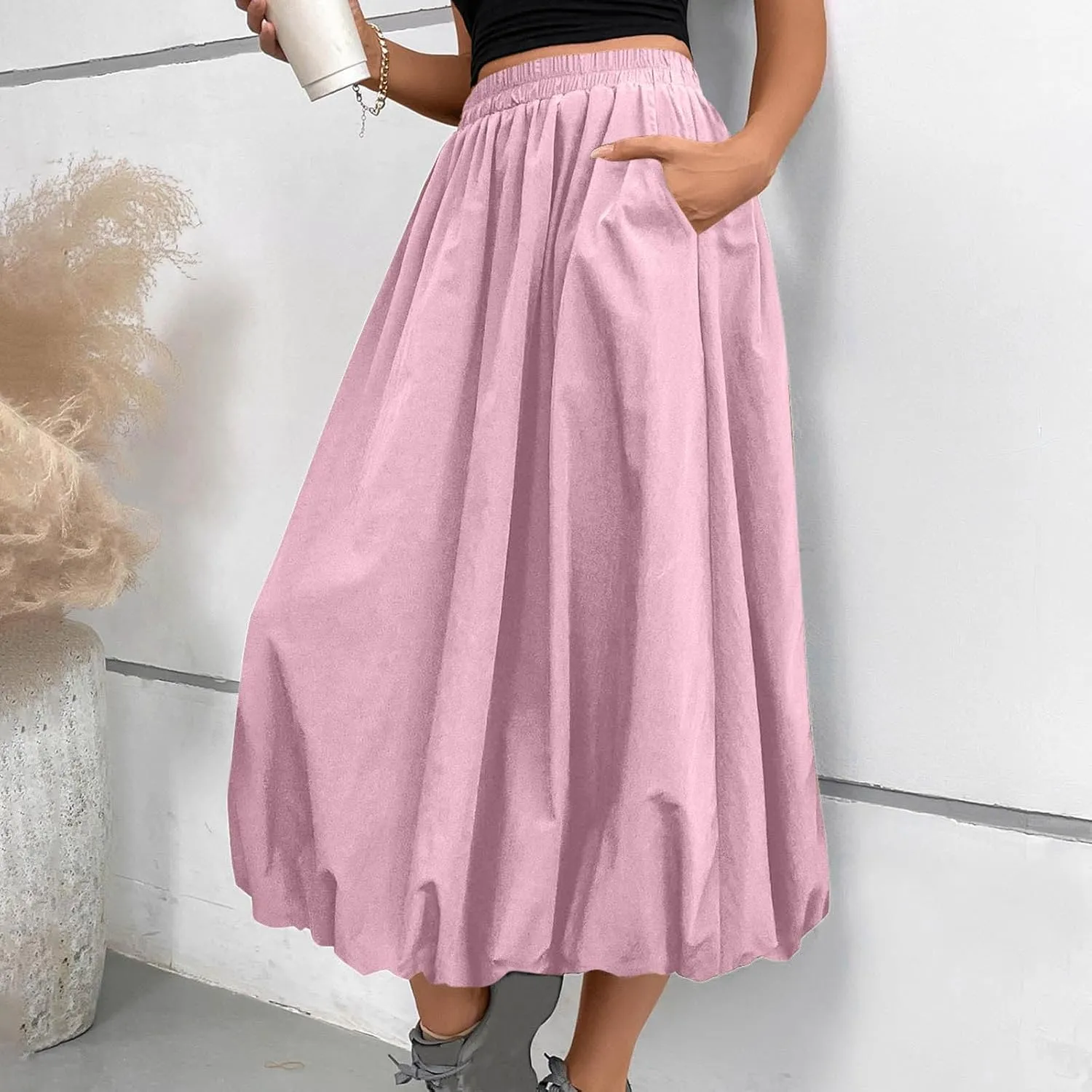 Women Casual Midi Skirts 2025 Summer Trendy Solid Color Elastic Waist Flowy A-Line Versatile Skirt with Pocket
