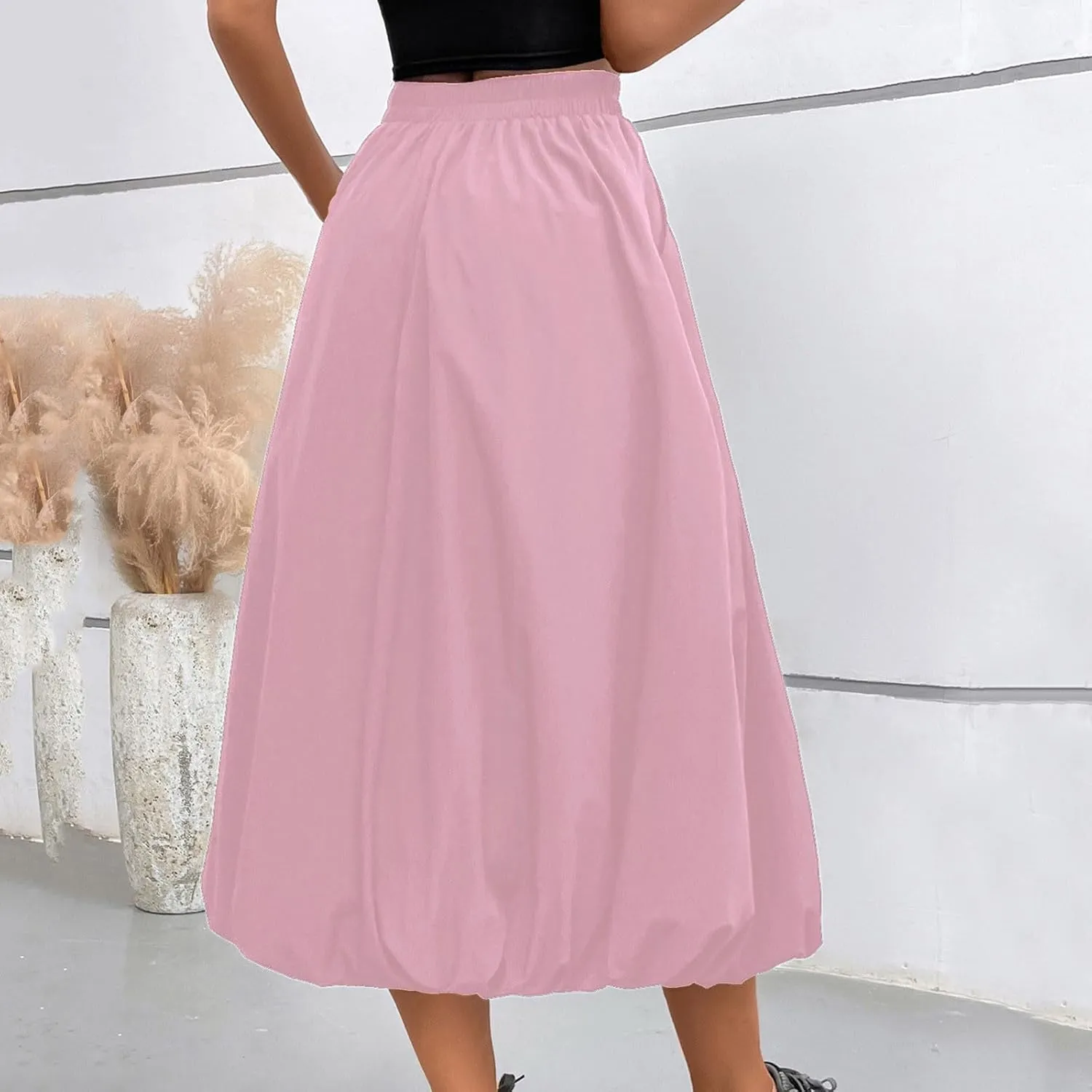 Women Casual Midi Skirts 2025 Summer Trendy Solid Color Elastic Waist Flowy A-Line Versatile Skirt with Pocket