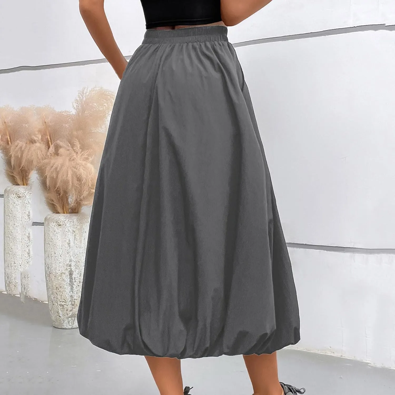 Women Casual Midi Skirts 2025 Summer Trendy Solid Color Elastic Waist Flowy A-Line Versatile Skirt with Pocket