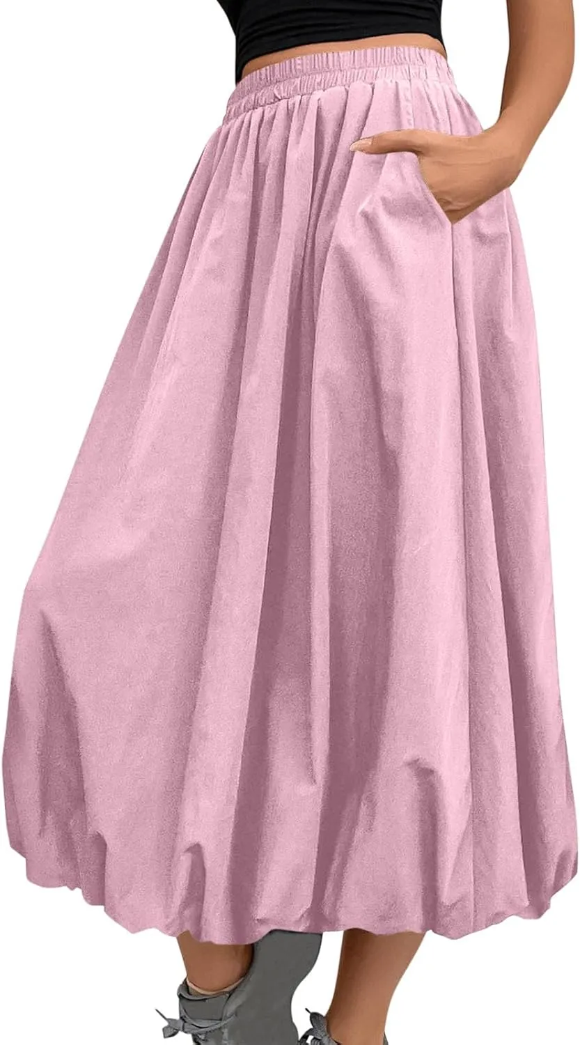 Women Casual Midi Skirts 2025 Summer Trendy Solid Color Elastic Waist Flowy A-Line Versatile Skirt with Pocket