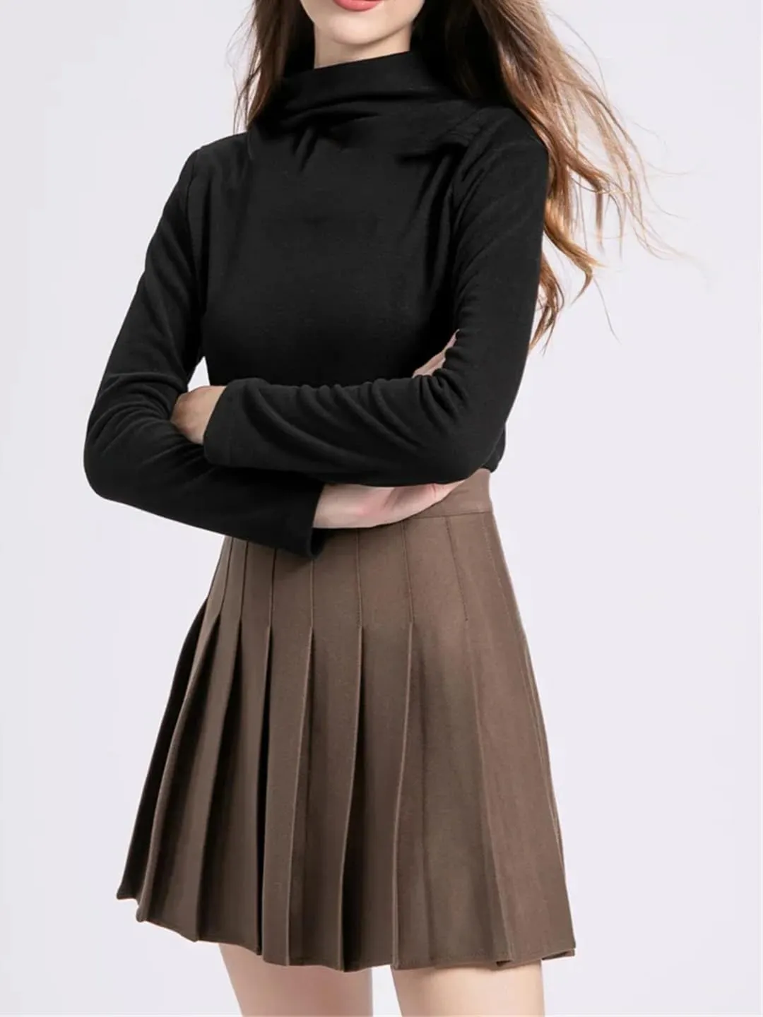 Women Elastic High Waisted Casual Pleated Skirts Midi A-Line Skirts