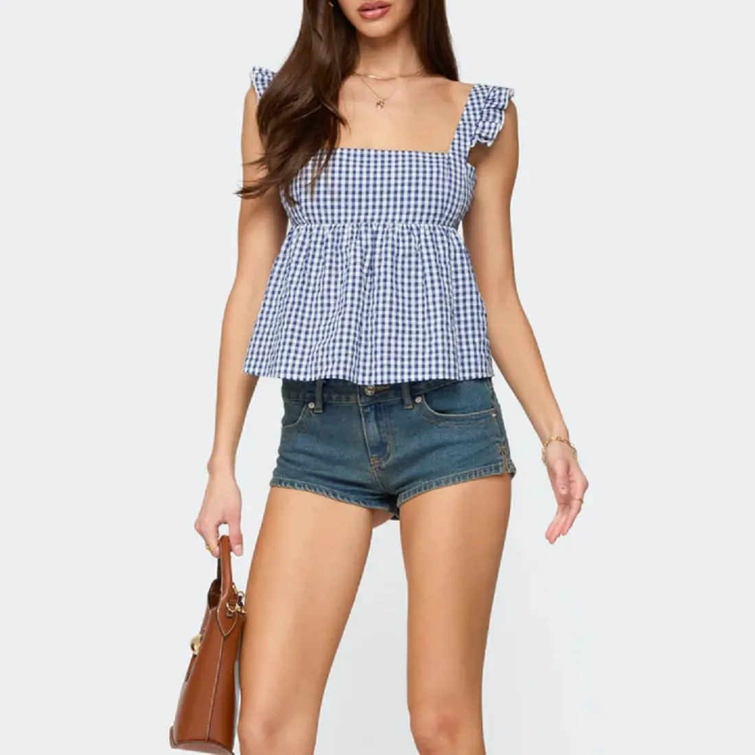 Women Floral Babydoll Tank Top Y2k Square Neck Peplum Cami Cute Backless Bow Tie Shirt Flutter Sleeve Going Out Tops