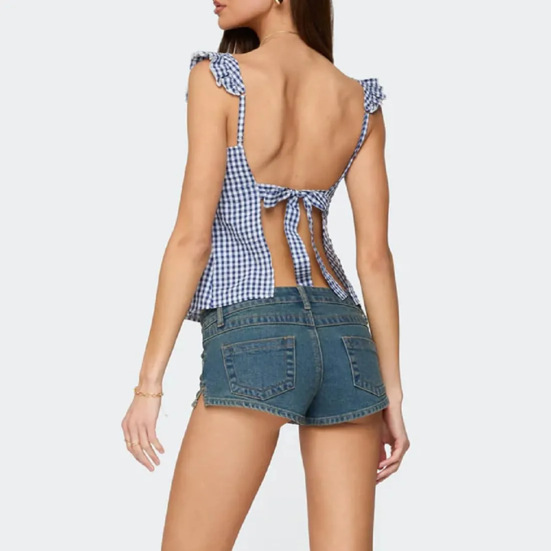 Women Floral Babydoll Tank Top Y2k Square Neck Peplum Cami Cute Backless Bow Tie Shirt Flutter Sleeve Going Out Tops