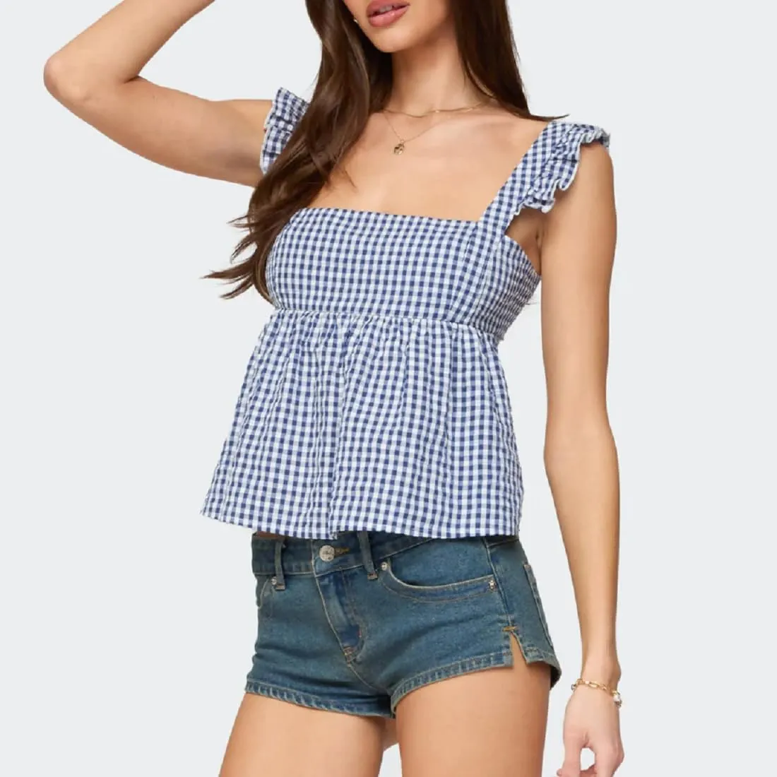 Women Floral Babydoll Tank Top Y2k Square Neck Peplum Cami Cute Backless Bow Tie Shirt Flutter Sleeve Going Out Tops