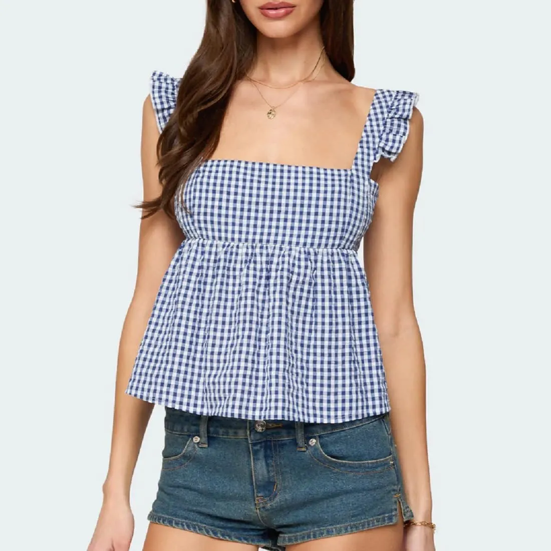 Women Floral Babydoll Tank Top Y2k Square Neck Peplum Cami Cute Backless Bow Tie Shirt Flutter Sleeve Going Out Tops