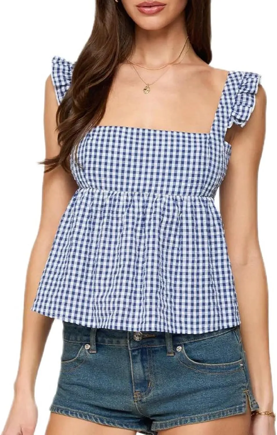 Women Floral Babydoll Tank Top Y2k Square Neck Peplum Cami Cute Backless Bow Tie Shirt Flutter Sleeve Going Out Tops