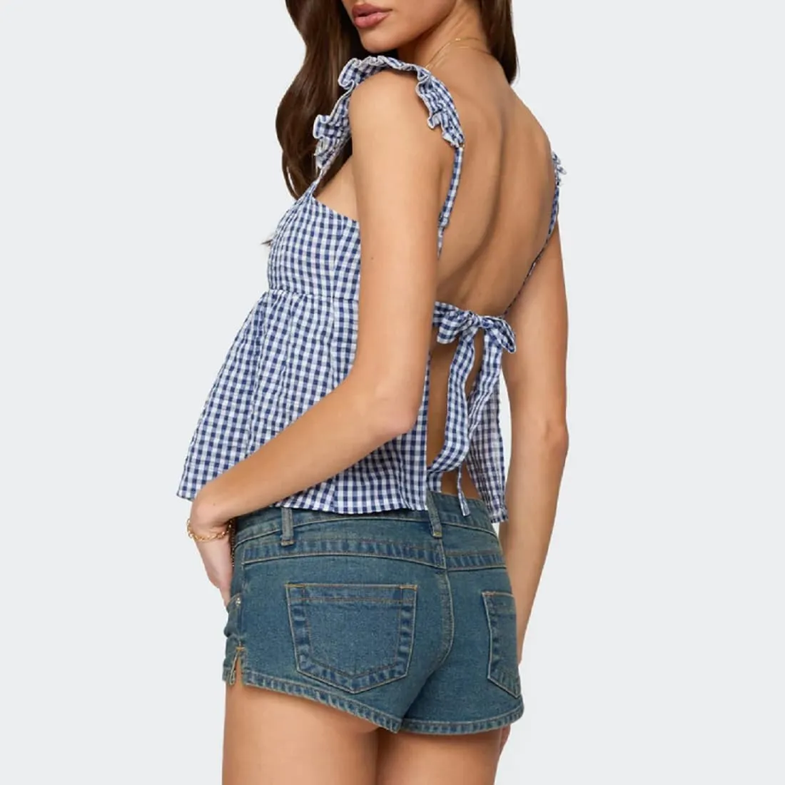 Women Floral Babydoll Tank Top Y2k Square Neck Peplum Cami Cute Backless Bow Tie Shirt Flutter Sleeve Going Out Tops
