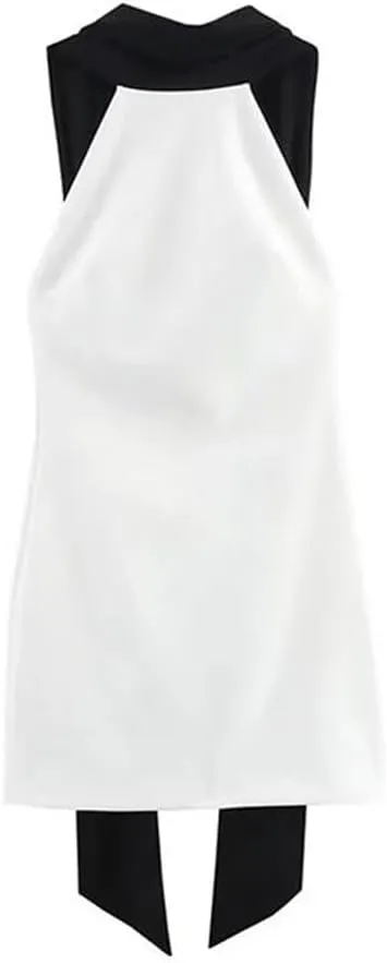 Women Hanging Neck Mini Dress Contrast Backless Slim Vestidos Short Party Dresses