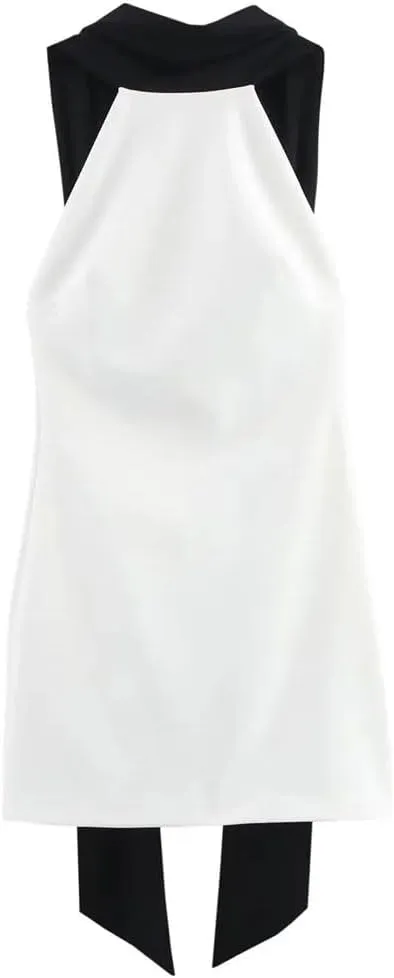 Women Hanging Neck Mini Dress Contrast Backless Slim Vestidos Short Party Dresses