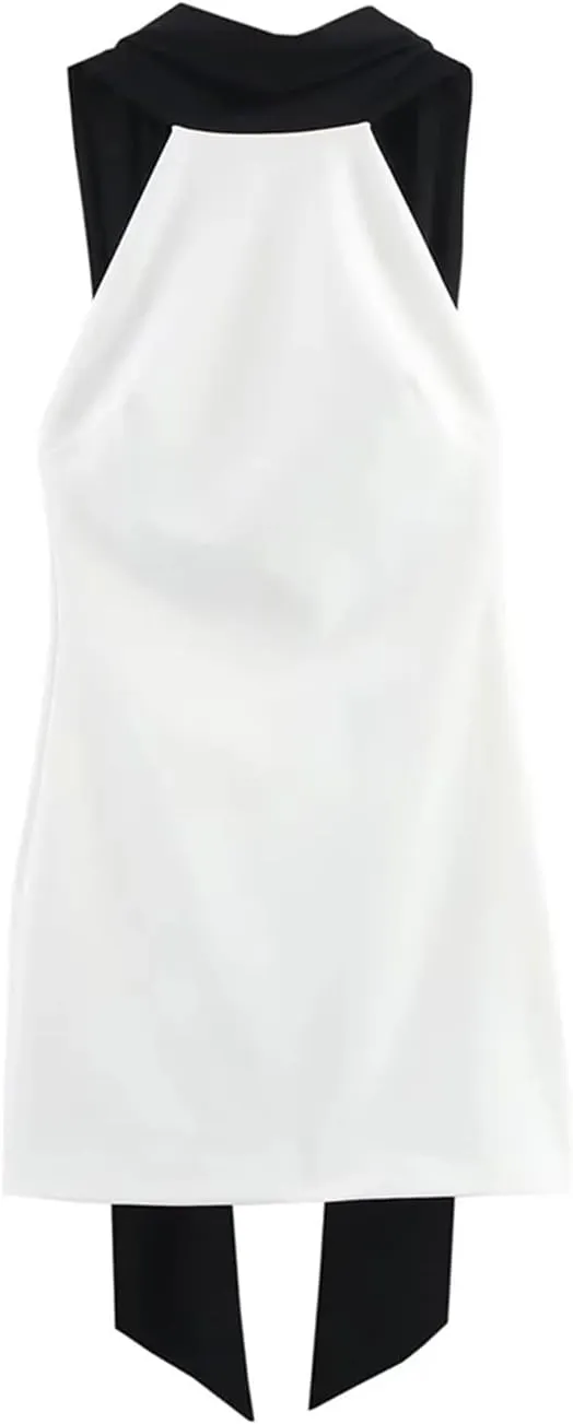 Women Hanging Neck Mini Dress Contrast Backless Slim Vestidos Short Party Dresses
