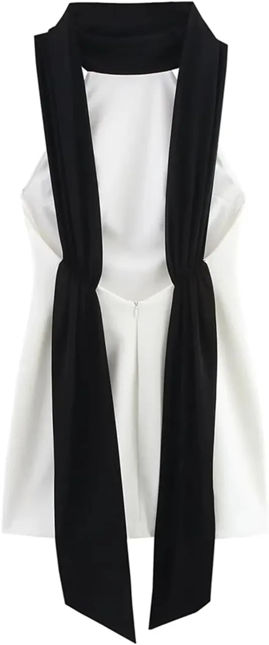 Women Hanging Neck Mini Dress Contrast Backless Slim Vestidos Short Party Dresses