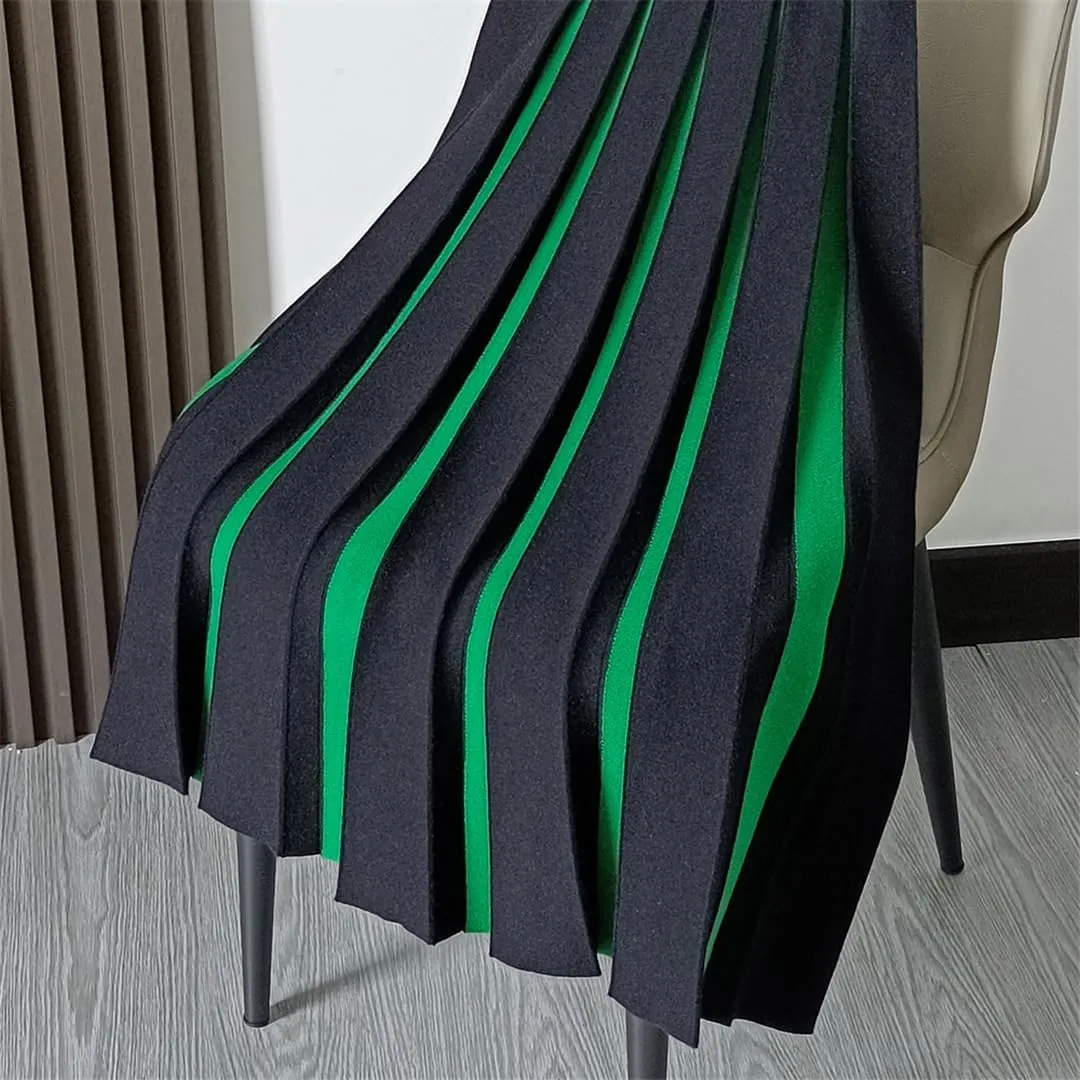Women Knitted A-Line Midi Long Skirt Color Matching Pleated Skirts Large Swing Skirts