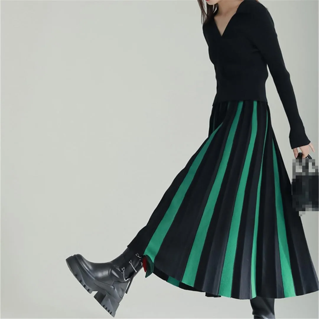 Women Knitted A-Line Midi Long Skirt Color Matching Pleated Skirts Large Swing Skirts