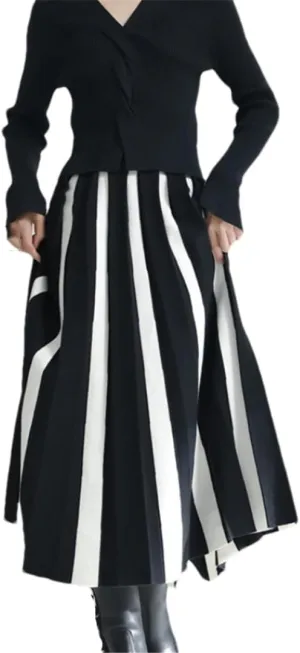 Women Knitted A-Line Midi Long Skirt Color Matching Pleated Skirts Large Swing Skirts