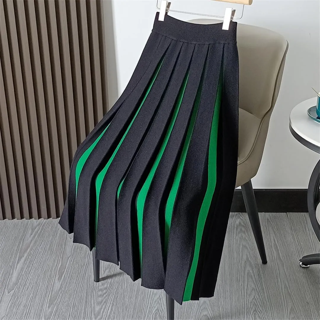 Women Knitted A-Line Midi Long Skirt Color Matching Pleated Skirts Large Swing Skirts