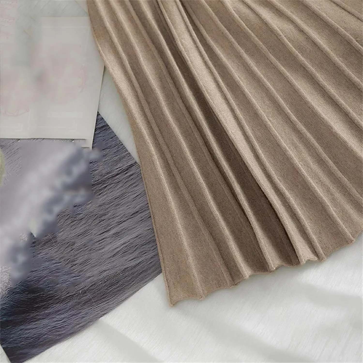 Women Knitted Sweater Skirt Elastic Band Pleated Midi Skirts High Waist A-Line Skirts