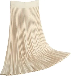 Women Knitted Sweater Skirt Elastic Band Pleated Midi Skirts High Waist A-Line Skirts
