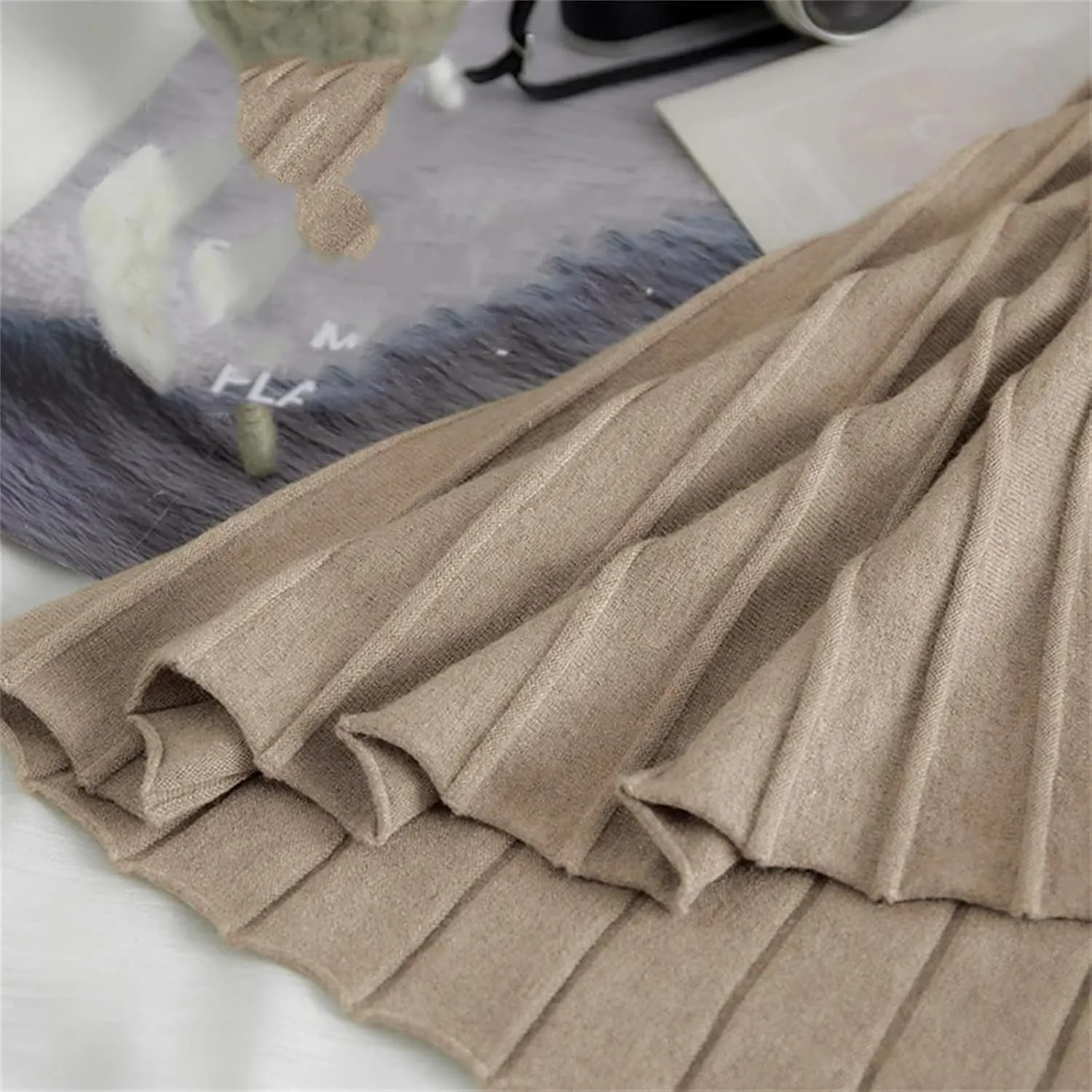 Women Knitted Sweater Skirt Elastic Band Pleated Midi Skirts High Waist A-Line Skirts