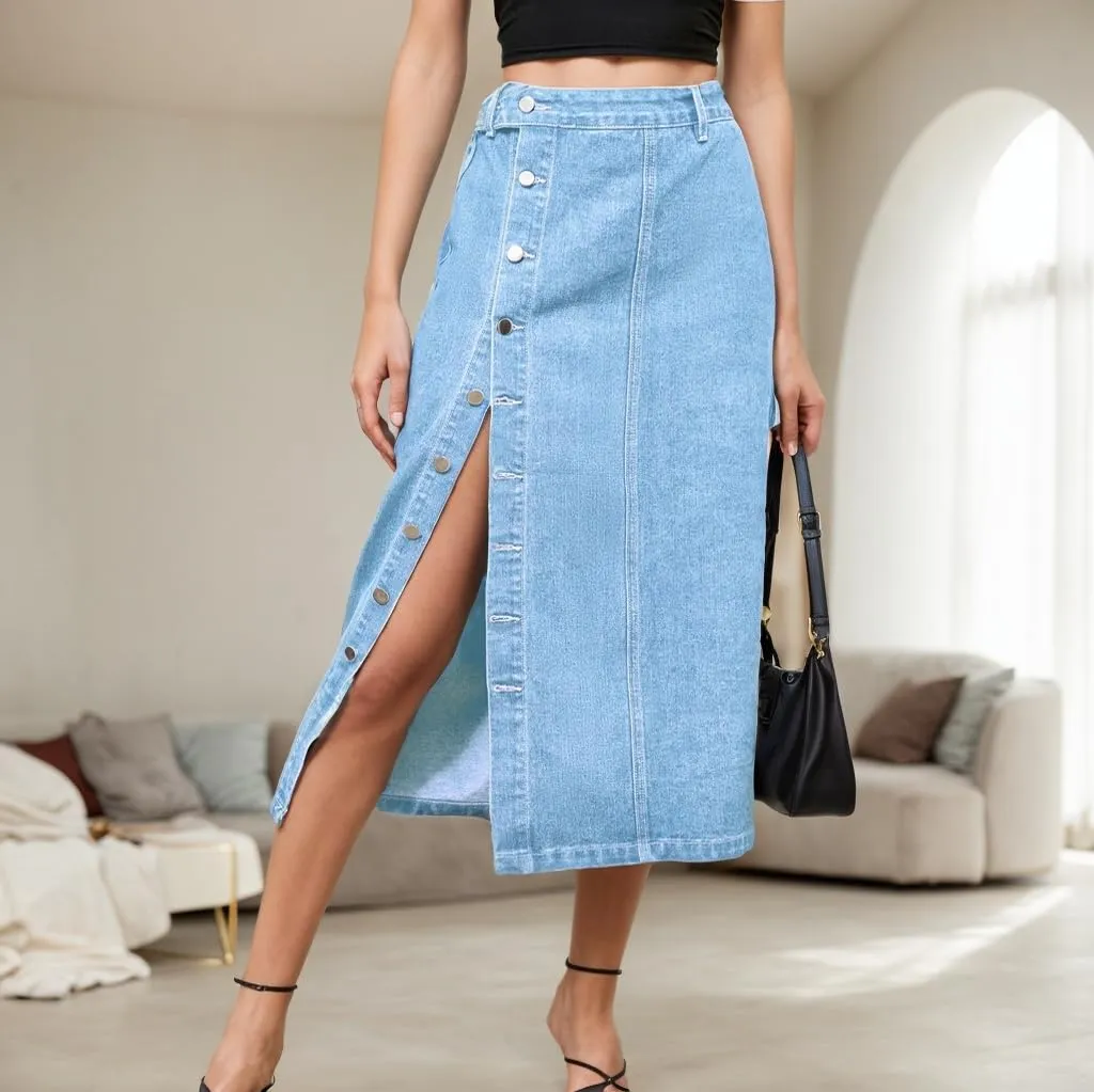 Women Long Jean Skirts Elastic High Waisted Button Down Slit Denim Skirts Casual Flowy Jean Maxi Skirts