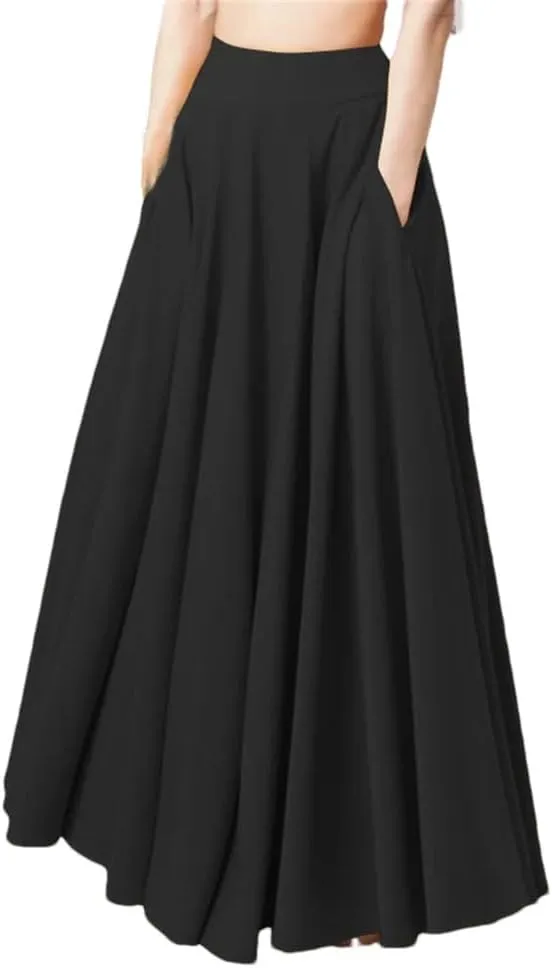 Women Long Skirts High Waist Solid Beach Skirts Women's Midi Pleated Skirt.