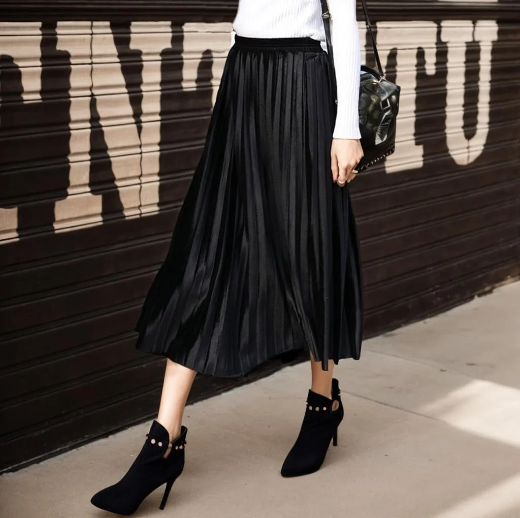Women Pleated Velvet Skirts Elastic High Waist A Line Midi Skirts Casual Flowy Swing Holiday Party Long Skirts