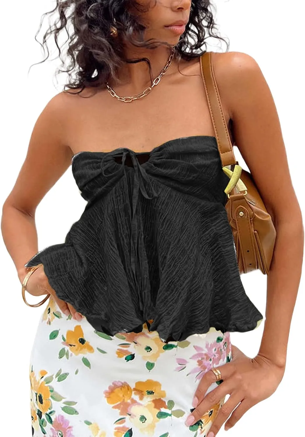 Women Ruffle Hem Strapless Tube Top Flared Hem Peplum Bandeau Tops Tie Front Babydoll Tank Tops Y2k Going Out Tops