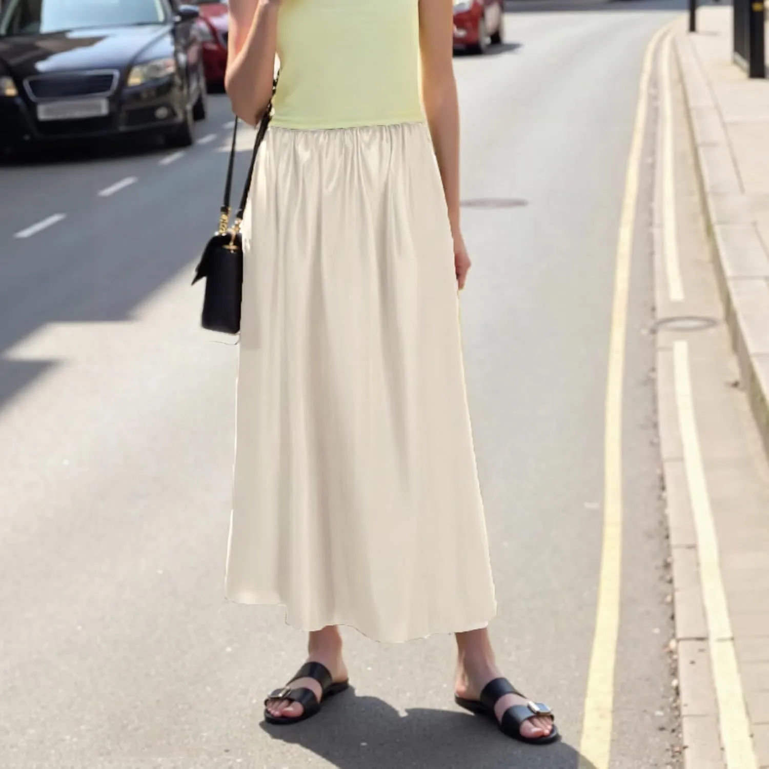 Women Satin Draped Long Skirts Solid Color Full Slip Flowy A Line Skirt Elastic Waist Pleated High Rise Midi Skirt