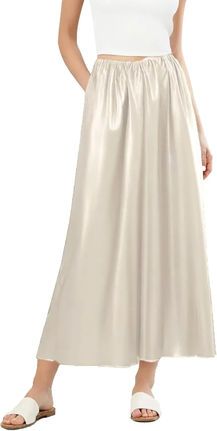 Women Satin Draped Long Skirts Solid Color Full Slip Flowy A Line Skirt Elastic Waist Pleated High Rise Midi Skirt