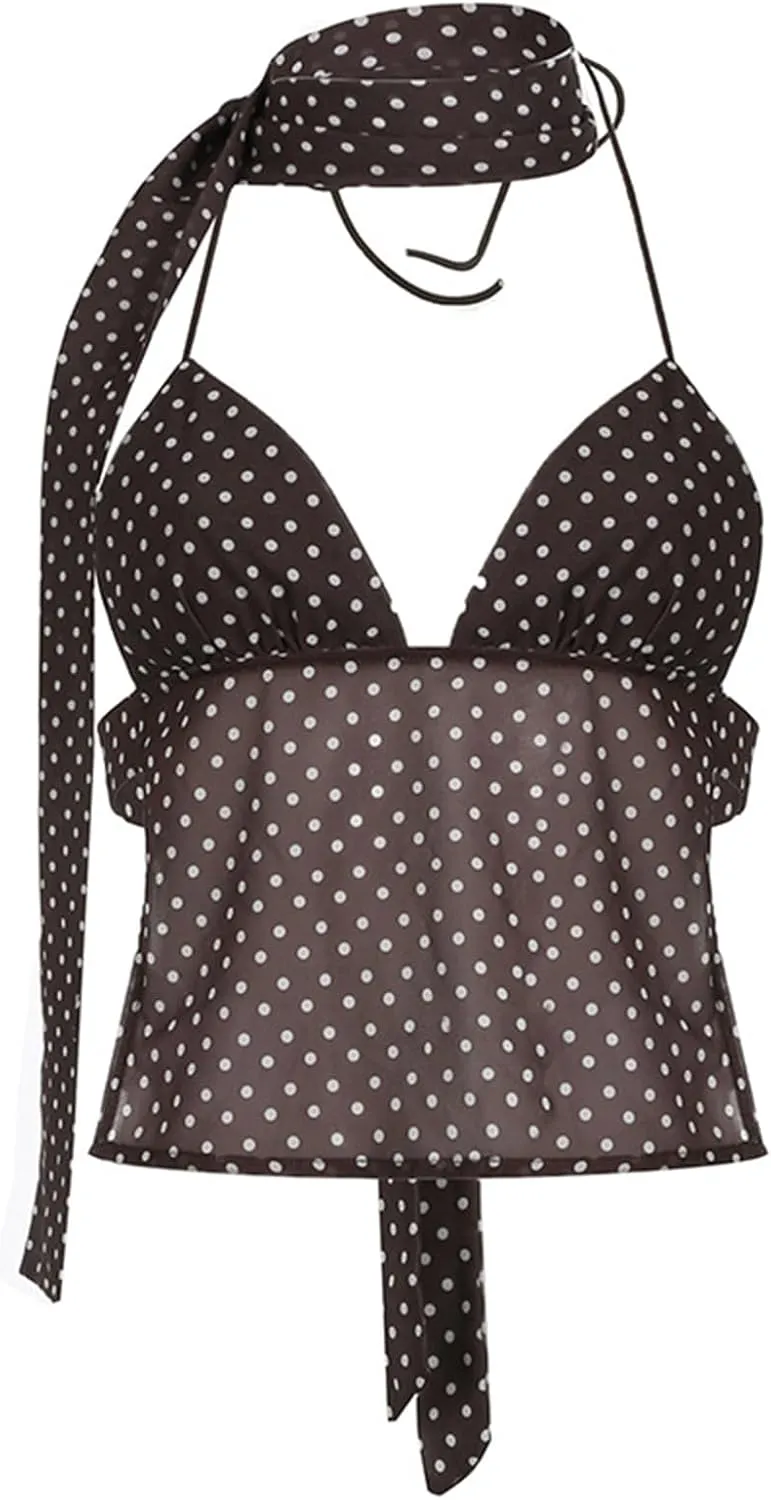 Women Sexy Camisole Top Sleeveless Backless V-Neck Polka Dot Print Tank Top Y2k Coquette Halter Neck Cami Crop Top