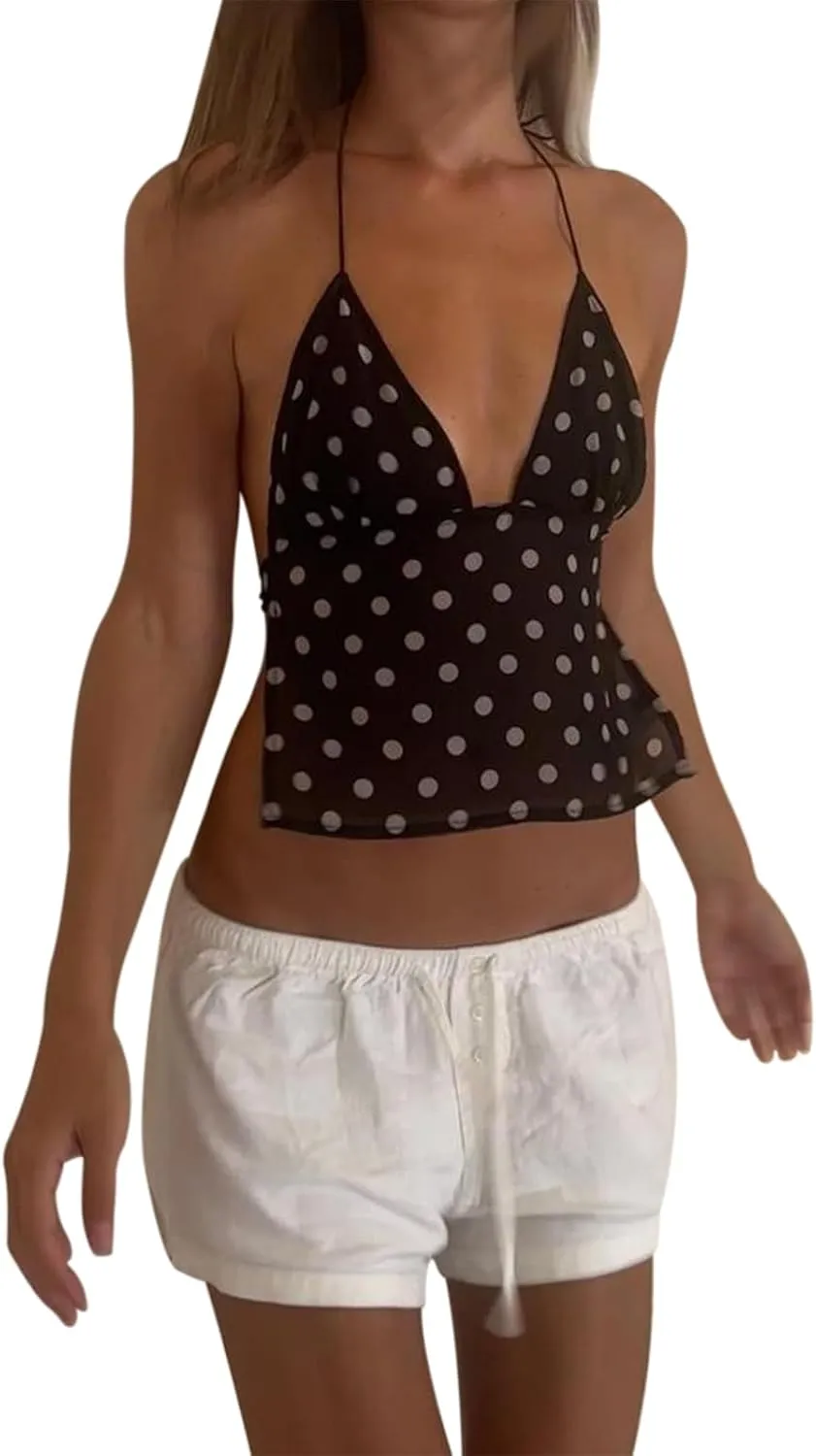 Women Sexy Camisole Top Sleeveless Backless V-Neck Polka Dot Print Tank Top Y2k Coquette Halter Neck Cami Crop Top
