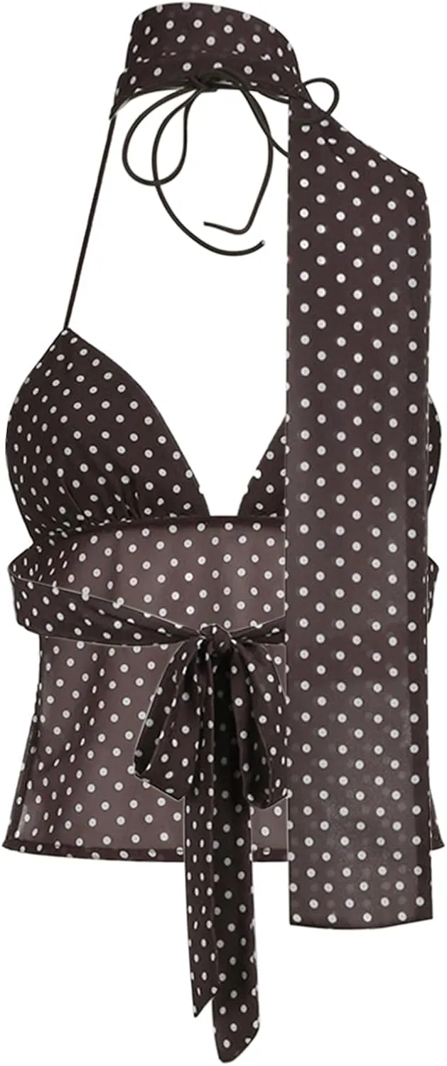 Women Sexy Camisole Top Sleeveless Backless V-Neck Polka Dot Print Tank Top Y2k Coquette Halter Neck Cami Crop Top