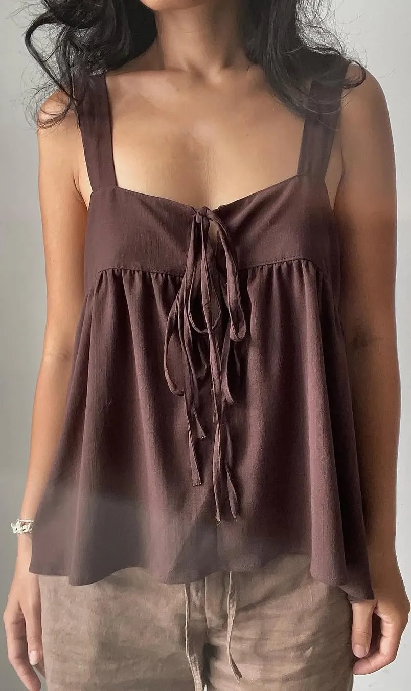 Women Square Neck Tank Top Y2k Bow Tie Front Adjustable Straps Pleated Cami Top Sleeveless Flowy Loose Shirt Blouse