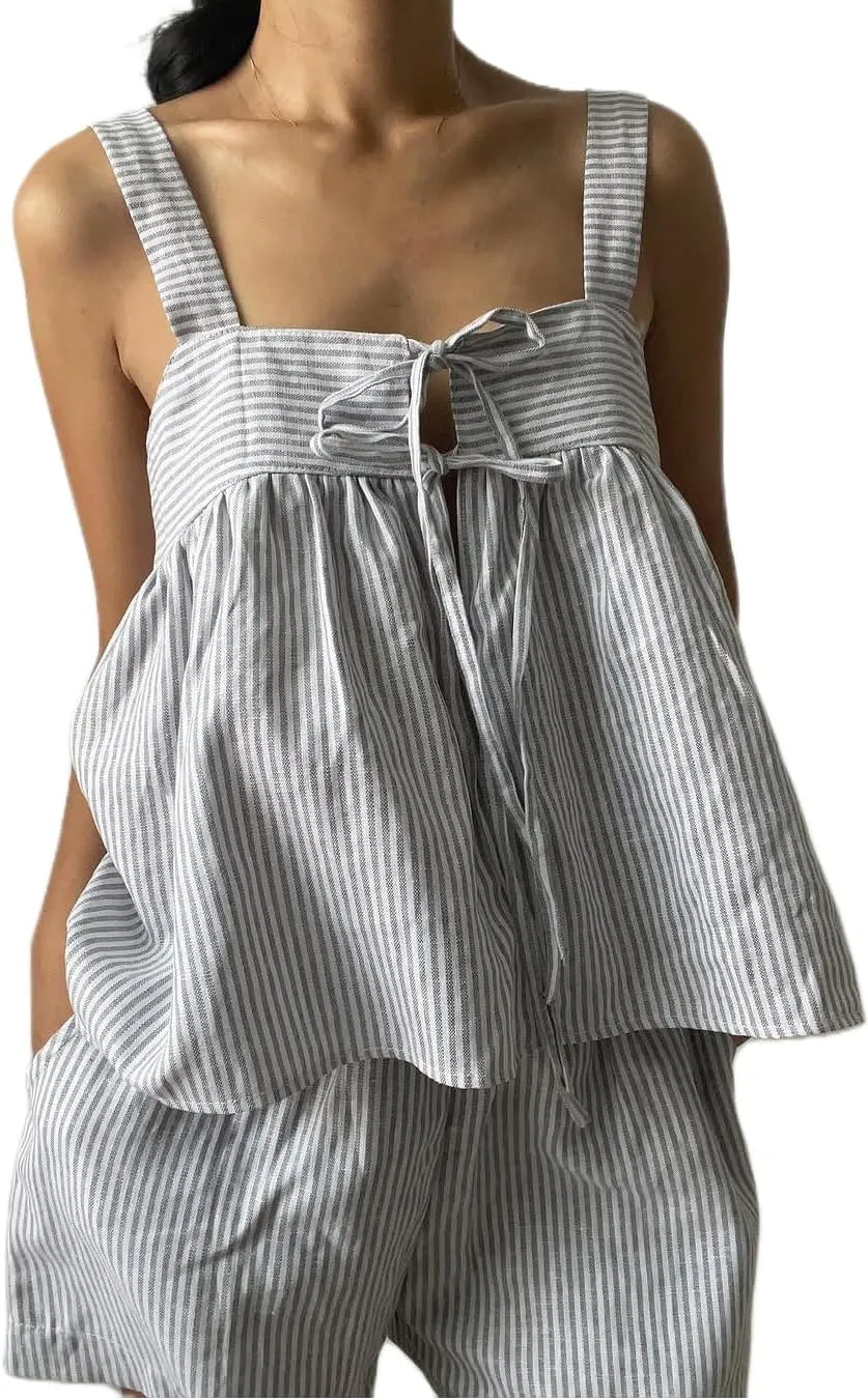 Women Square Neck Tank Top Y2k Bow Tie Front Adjustable Straps Pleated Cami Top Sleeveless Flowy Loose Shirt Blouse