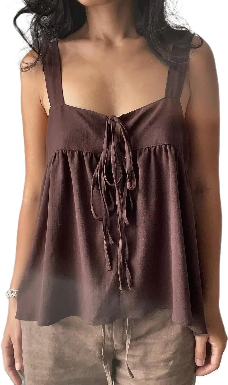 Women Square Neck Tank Top Y2k Bow Tie Front Adjustable Straps Pleated Cami Top Sleeveless Flowy Loose Shirt Blouse