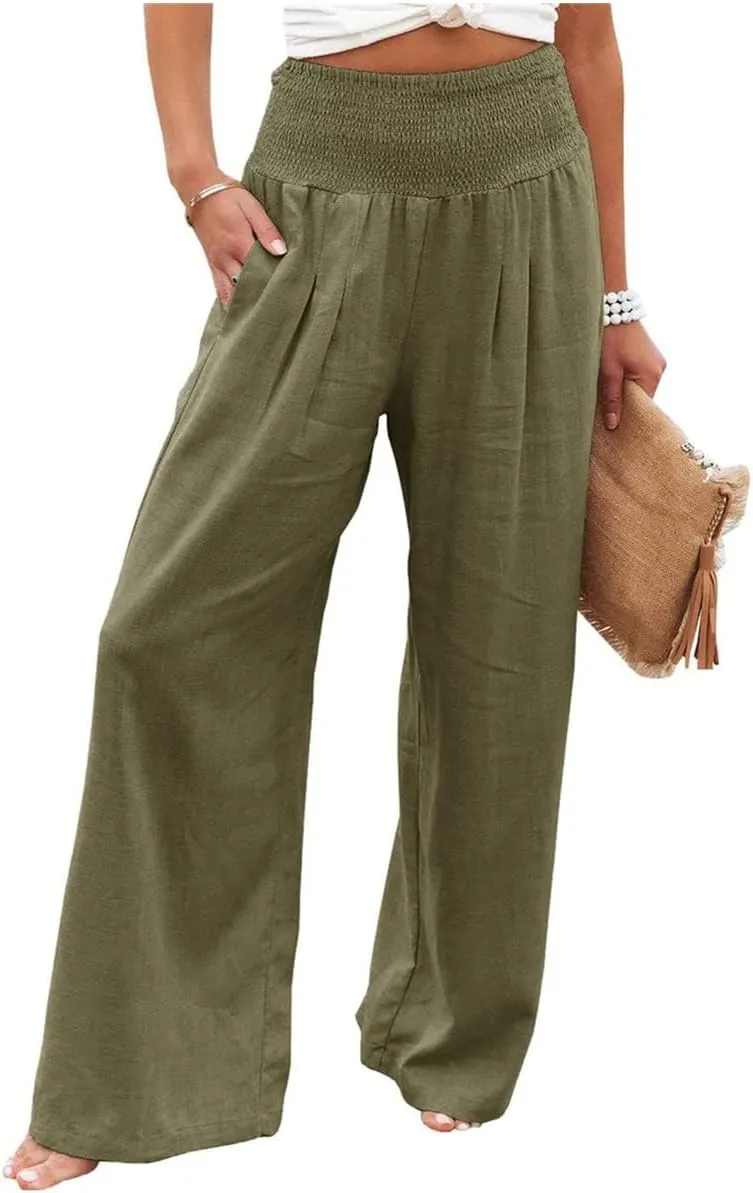Women Summer High Waisted Cotton Linen Palazzo Pants Wide Leg Long Lounge Casual Beach Pant Trousers Pockets