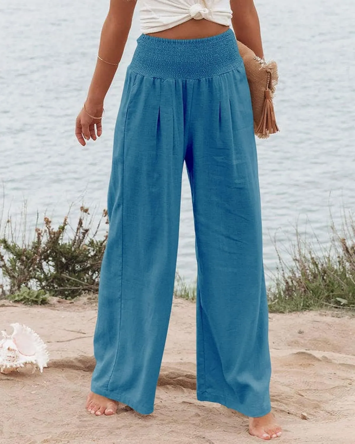 Women Summer High Waisted Cotton Linen Palazzo Pants Wide Leg Long Lounge Casual Beach Pant Trousers Pockets