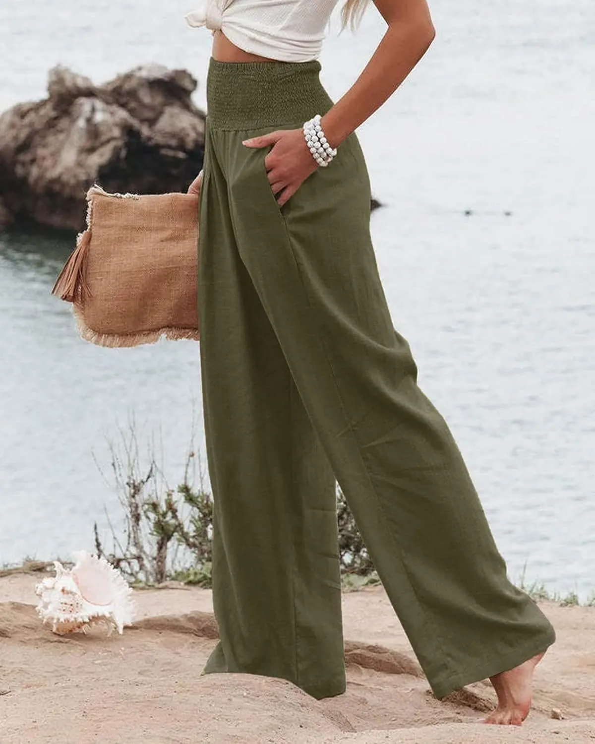 Women Summer High Waisted Cotton Linen Palazzo Pants Wide Leg Long Lounge Casual Beach Pant Trousers Pockets