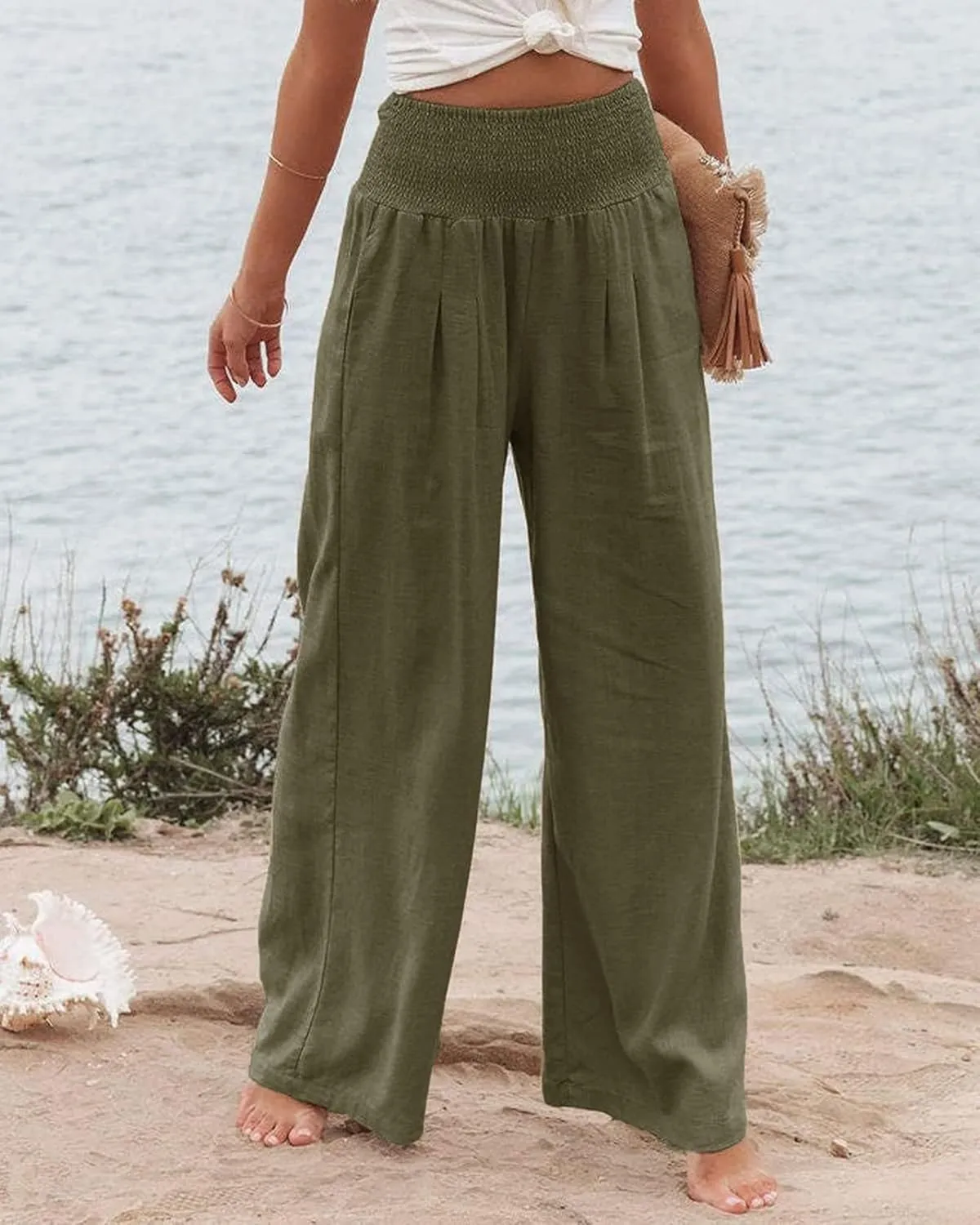 Women Summer High Waisted Cotton Linen Palazzo Pants Wide Leg Long Lounge Casual Beach Pant Trousers Pockets