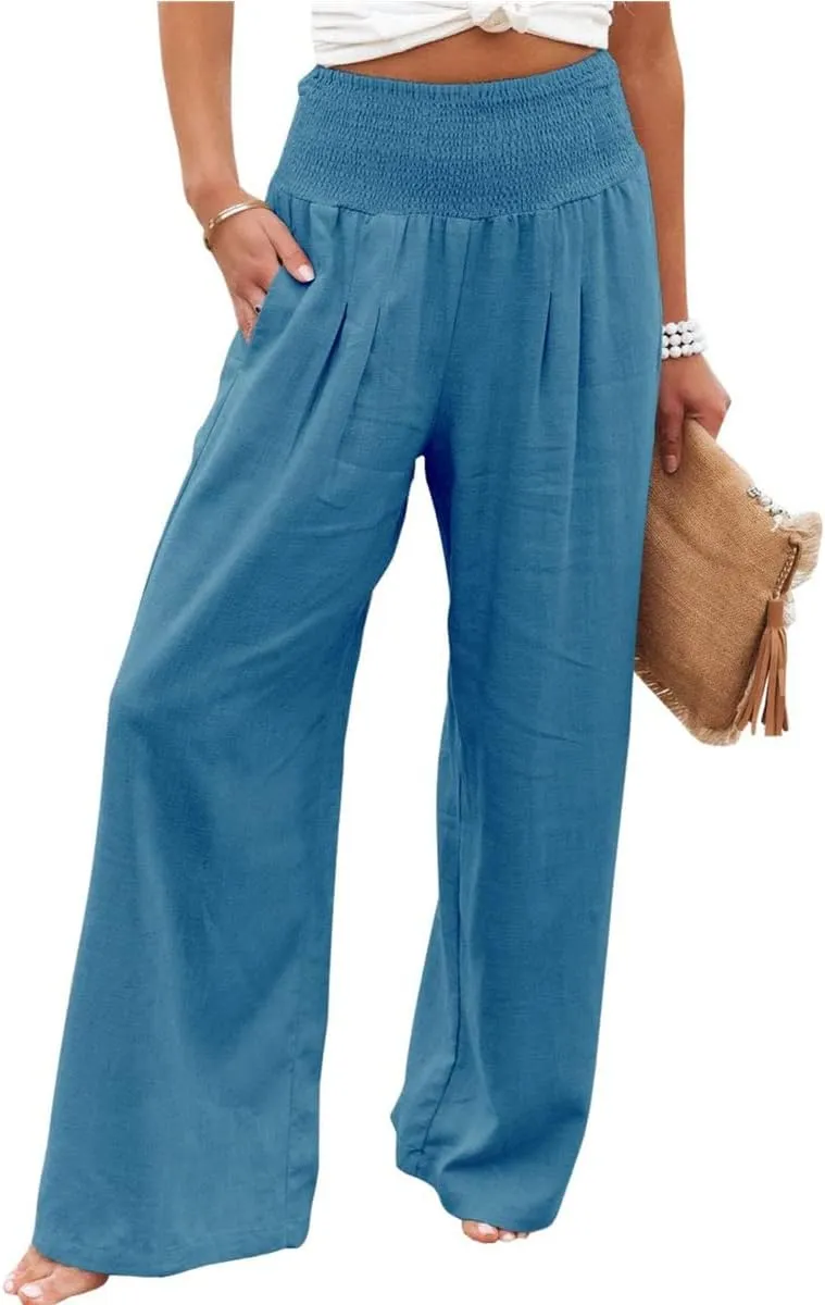 Women Summer High Waisted Cotton Linen Palazzo Pants Wide Leg Long Lounge Casual Beach Pant Trousers Pockets