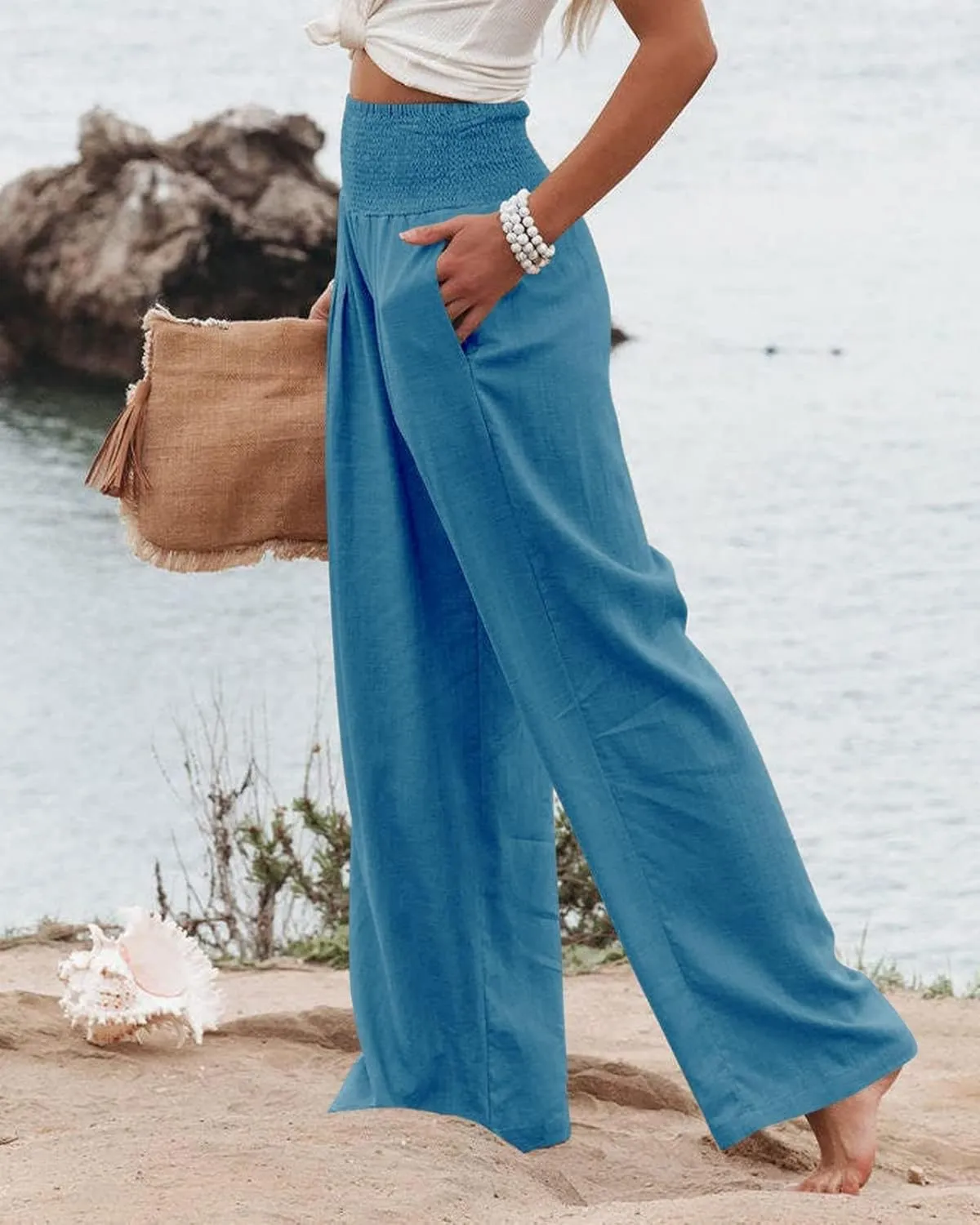 Women Summer High Waisted Cotton Linen Palazzo Pants Wide Leg Long Lounge Casual Beach Pant Trousers Pockets