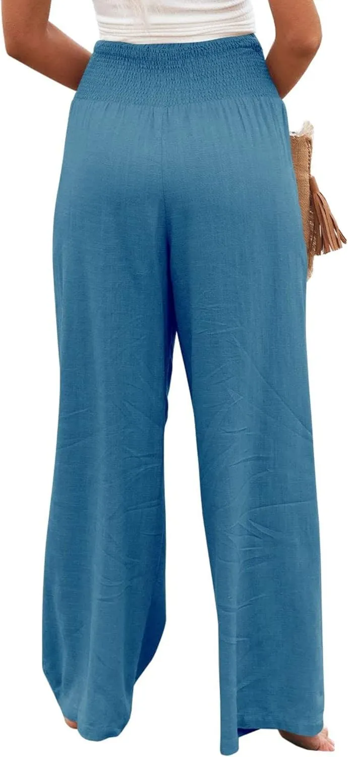Women Summer High Waisted Cotton Linen Palazzo Pants Wide Leg Long Lounge Casual Beach Pant Trousers Pockets