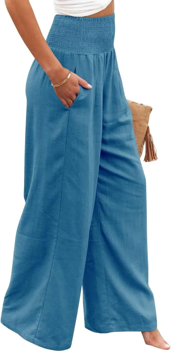 Women Summer High Waisted Cotton Linen Palazzo Pants Wide Leg Long Lounge Casual Beach Pant Trousers Pockets