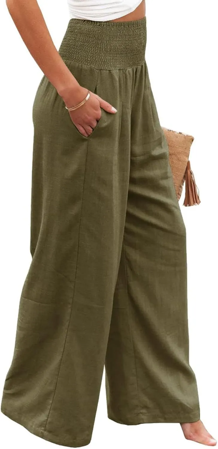 Women Summer High Waisted Cotton Linen Palazzo Pants Wide Leg Long Lounge Casual Beach Pant Trousers Pockets