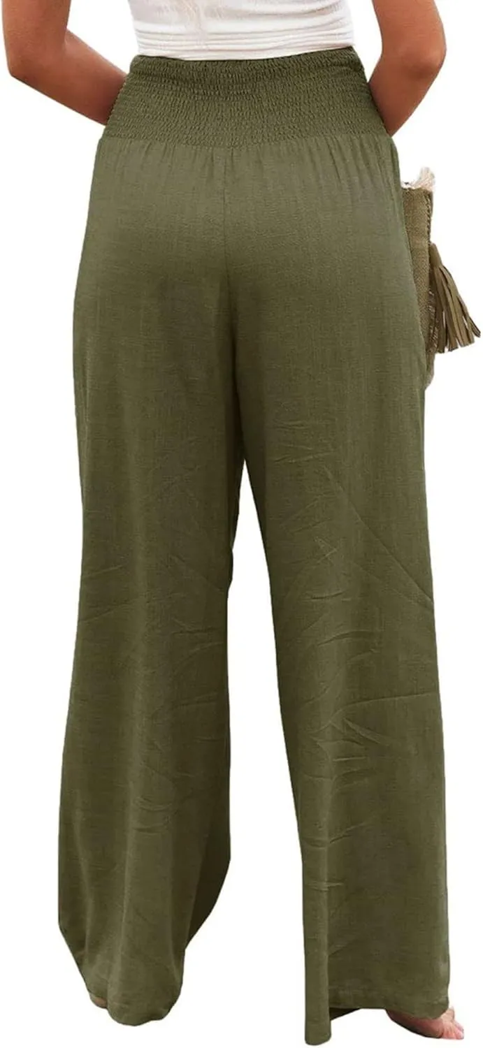 Women Summer High Waisted Cotton Linen Palazzo Pants Wide Leg Long Lounge Casual Beach Pant Trousers Pockets